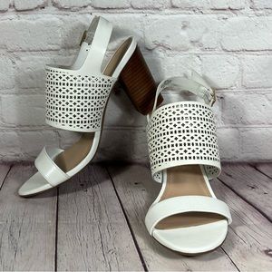 Kelly & Katie Uneria Sandals Faux Leather Laser Cut Block Heel White Size 9 M
